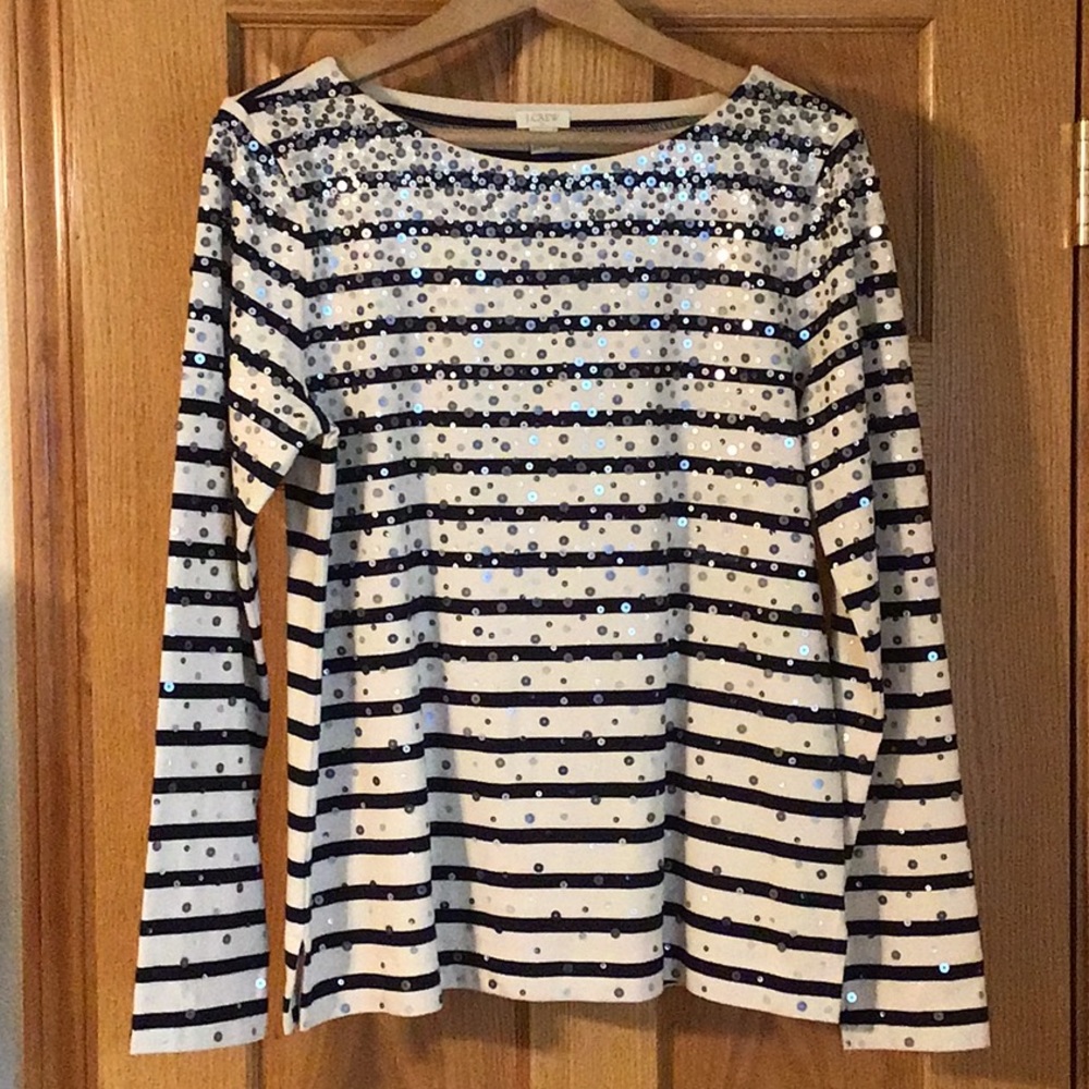 J Crew Factory Navy and Cream Stripe Long Sleeve Shirt with Sequins Size M